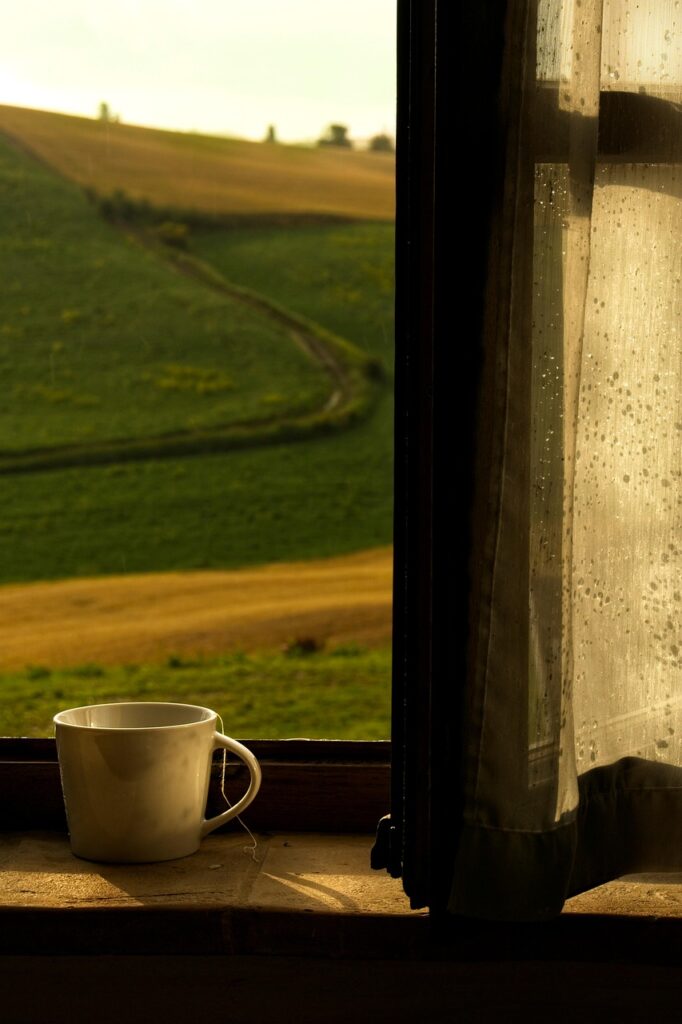 tea, cup, window, relax, raindrops, tea cup, field, countryside, afternoon
